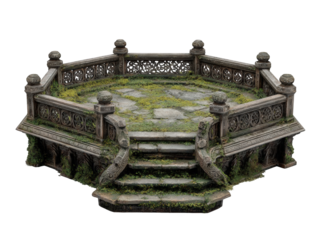 Ornate, mossy octagonal pedestal with steps