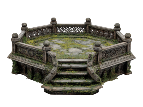 Ornate, mossy octagonal pedestal with steps