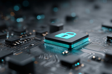 Close up of secure processor chip with lock icon for identity access management and passkey login
