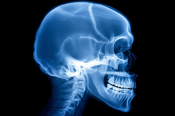 Blue tone X-ray radiology image of human skull and cervical spine