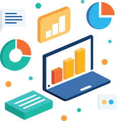 Modern isometric illustration of digital data analysis with charts graphs and financial information on a white background representing business growth and strategy