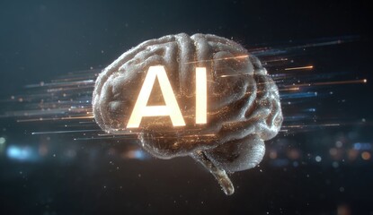 3D brain graphic with AI text, digital streaks, and bokeh effect