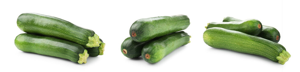 Fresh ripe zucchinis isolated on white, collage