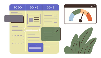 Kanban board with To Do, Doing, and Done columns, color-coded progress gauge, and greenery accent. Ideal for productivity, workflow, planning, goal tracking organization project management simple © robu_s