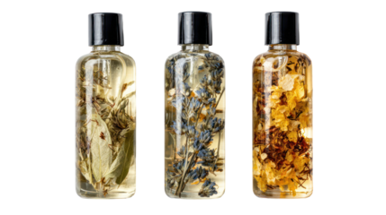 Herbal infused body oil in glass bottles on transparent background