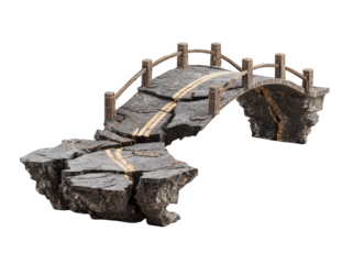 A miniature, broken bridge over a cracked, rocky terrain