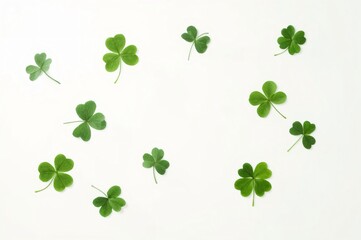 Fototapeta premium Clover leaves flatlay, white background, spring design