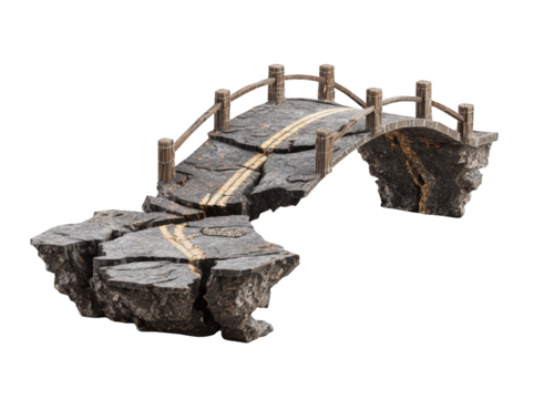 A miniature, broken bridge over a cracked, rocky terrain