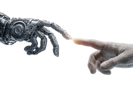 Two hands, one robotic, one human, touch - Powered by Adobe