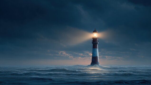 Lighthouse shining brightly in a stormy sea at night
