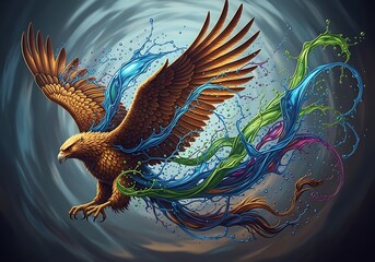 Majestic eagle soaring amidst vibrant currents of color emanating from its wings forming artistic streams