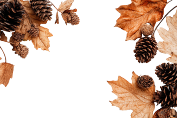 Autumnal frame of dried leaves and pine cones
