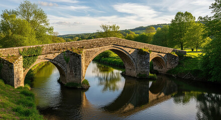 Fototapeta premium Historic Stone Bridge Spanning a Tranquil River Amidst Lush Greenery