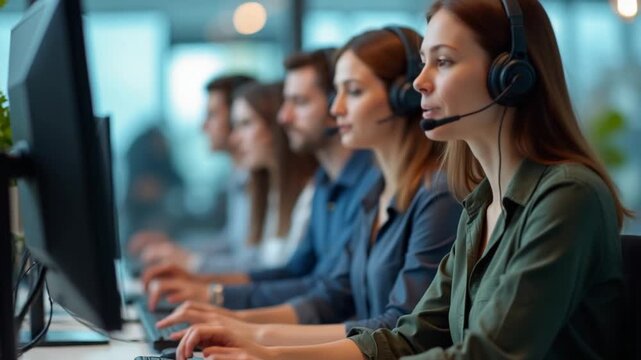 Customer support workplace coworkers managing incoming and outgoing calls. Teamworking call center agents in front of PC in office using headset mic to answer customers questions, camera B
