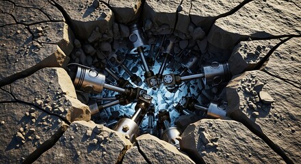 Mechanical eruption: Metallic engine pistons burst through shattered stone surface creating a striking visual