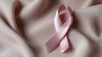 close-up of single pale pink awareness ribbon neatly arranged on neutral backdrop, detailed fabric folds, minimalist hopeful composition with empty space
