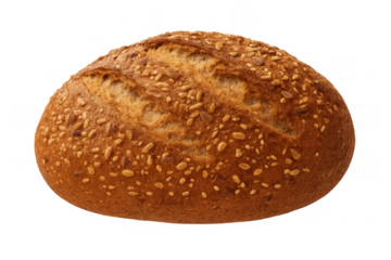 Freshly baked loaf of multigrain bread with seeds on transparent background