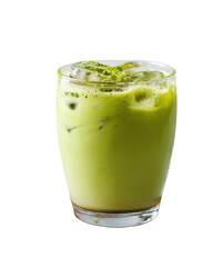 Iced matcha latte in clear glass on transparent background