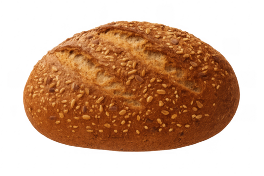 Freshly baked loaf of multigrain bread with seeds on transparent background