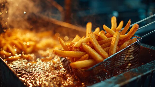 French fries are deep fried in hot oil in a professional kitchen