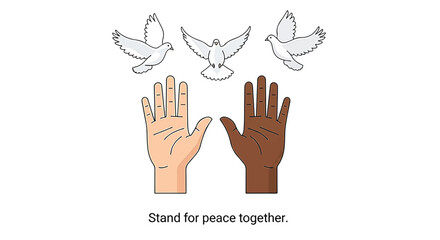 Two hands of different skin tones with three white doves flying above, symbolizing unity and peace with the text 'Stand for peace together'.