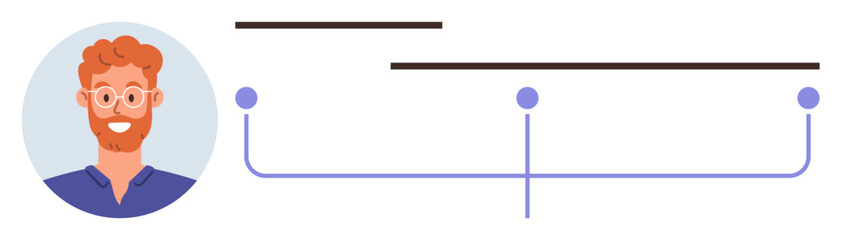 Profile of a smiling individual linked to a workflow diagram with lines and dots emphasizing connection. Ideal for teamwork, networking, communication, organization, process, strategy, simple flat