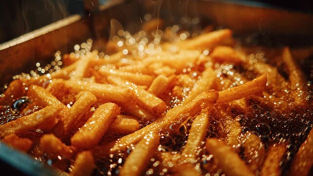 Close up of french fries frying in a deep fryer with boiling oil, unhealthy fast food concept