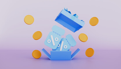 Opened or exploded box with vouchers, coupons coins, ribbons, gift, sale off, cash back