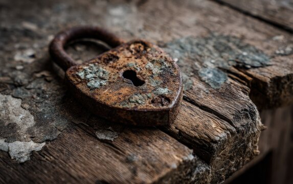 Rusty heart-shaped padlock on weathered wood - Powered by Adobe