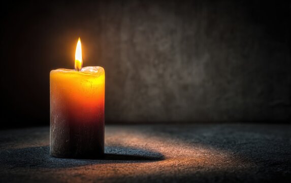 Single candle burning in dimly lit room