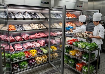 Restaurant kitchen cold storage area with chefs carefully organizing seafood, meat, and vegetables in walk-in refrigerators for preservation