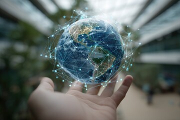 A hand holds a digital globe, networked with lines