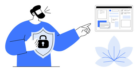 Man holding a shield with a lock, pointing to a digital interface, illustrating security. Ideal for privacy, protection, data safety, cybersecurity, secure access, trust simple flat metaphor