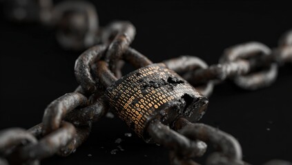 Rusty chain with a damaged lock displaying binary code