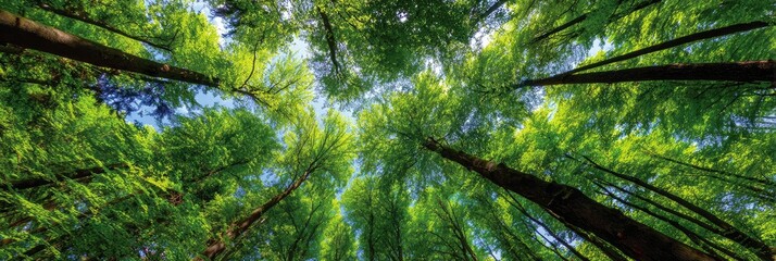 Obraz premium Lush green forest canopy, looking up at the sunlight filtering through the dense foliage