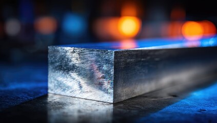 Close-up of a metal block, likely steel or aluminum, on a dark surface, with blurred background of industrial lighting