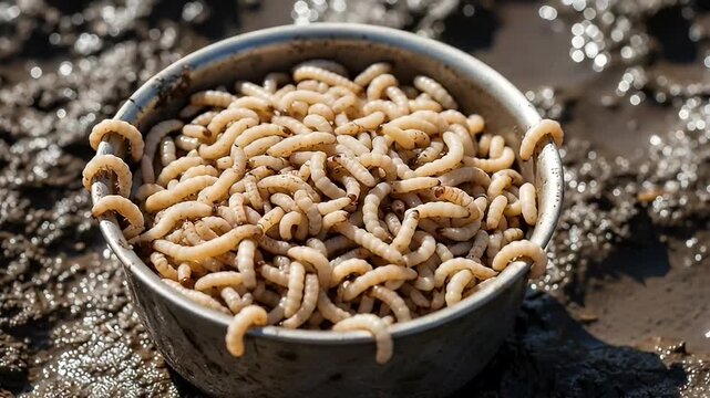 live maggots fishing bait on muddy ground