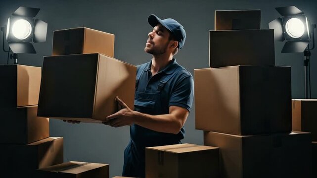 Delivery man carrying a box in front of stack of packages under studio lights