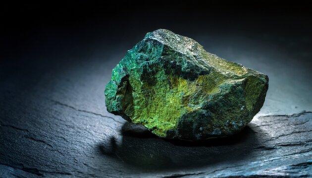 raw uranium ore with greenish tint resting on dark stone surface under moody side lighting highlighting radioactive mineral texture and geological rarity