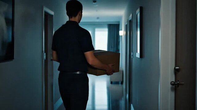 Delivery man carrying a cardboard box walking down a hotel hallway with doors
