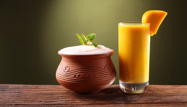 summer thirst quencher n aam panna in clay cup mango lassi drink on wooden table