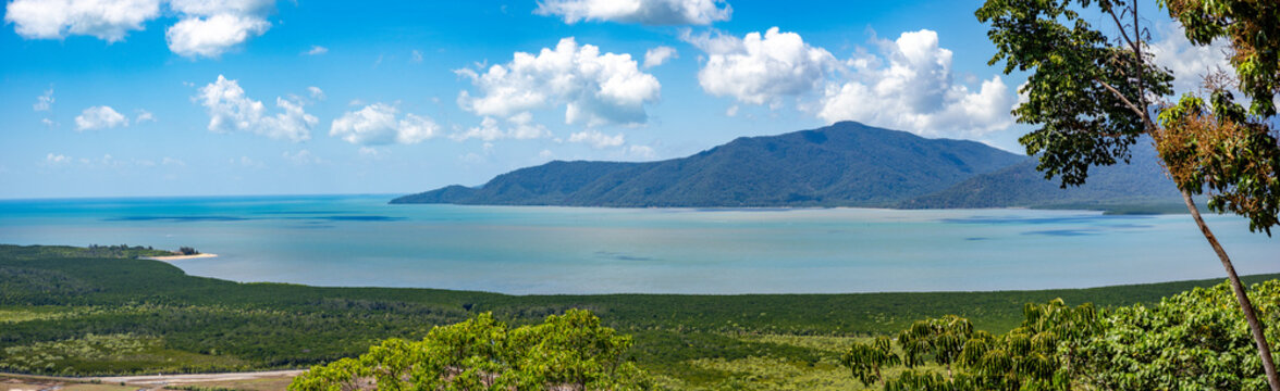 Panoramic view of the southern end of Trinity Bay in Cairns from the lookout point at the top of Mt. Whitfield, Red Arrow track, Cairns Botanic Gardens, Queensland, Australia