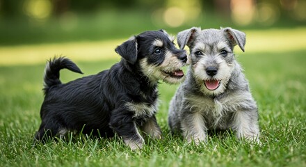 Playful puppies enjoying a sunny day in the green grass, perfect for pet adoption, animal care, and heartwarming lifestyle content