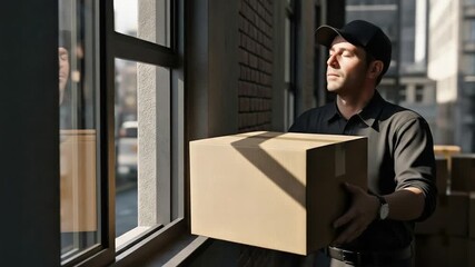 Delivery man with package looks out window in urban building setting