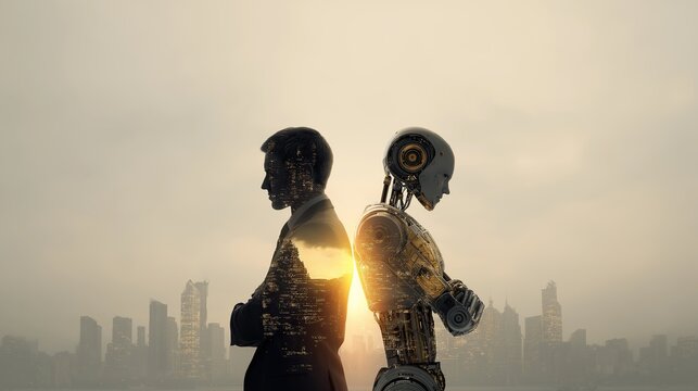 A humanoid robot AI agent and a human together as a team symbolizing agentic autonomy using future AGI superintelligence for teamwork and ASI collaboration during the singularity