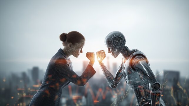 A humanoid robot AI agent and a human together as a team symbolizing agentic autonomy using future AGI superintelligence for teamwork and ASI collaboration during the singularity