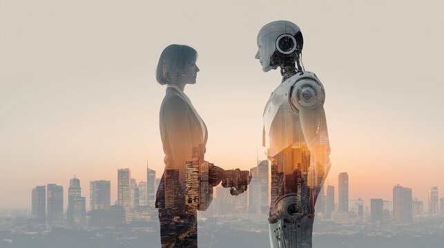 A humanoid robot AI agent and human handshake together as a team symbolizing agentic autonomy using future AGI superintelligence for teamwork and ASI collaboration during the singularity