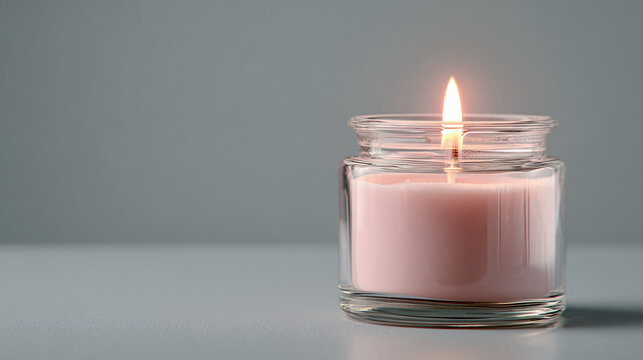 close-up of single pink wax candle in clear glass jar on soft grey background, subtle reflections, minimalist remembrance and support design with negative space