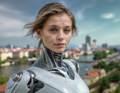 Humanoid AI robot walking through a bustling futuristic city with flying cars and neon lights.