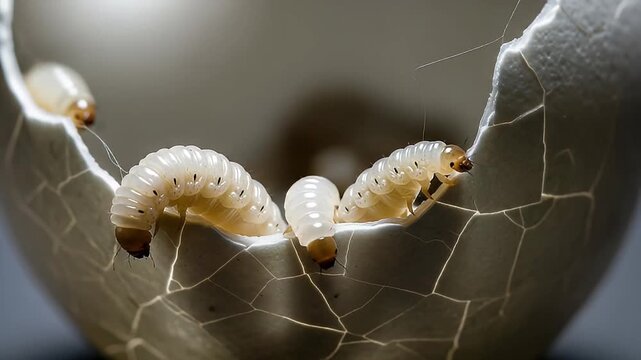 larvae hatching from cracked eggshell macro